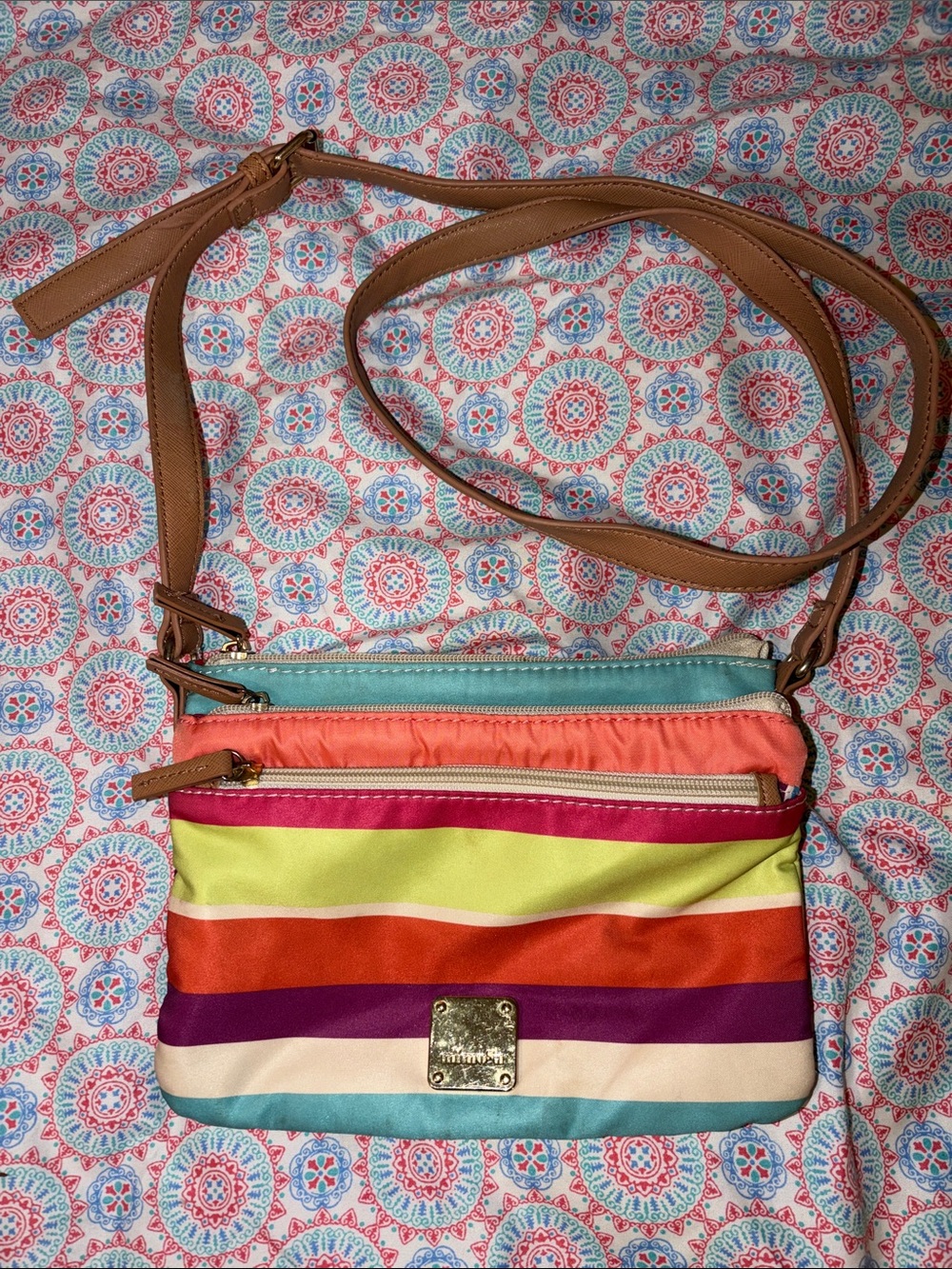 Striped Multi-Color Crossbody Bag - Brown Strap